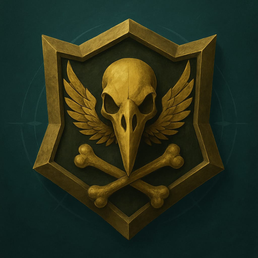 [TND] The New Dawn guild emblem with golden skull and wings shield in fantasy game poster style.
