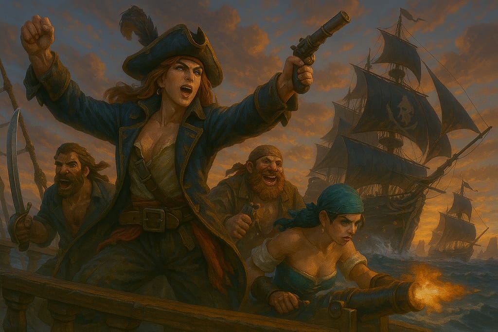 Fierce female pirate captain leading diverse crew into naval battle at sea, Black Sail Strategy branding