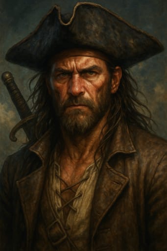 Bearded pirate captain in tricorn hat, leather coat, sword on back, portrait.