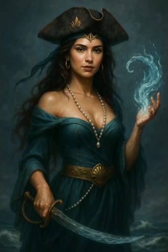 Sea sorceress pirate in teal dress conjuring water, holding curved sword, portrait.