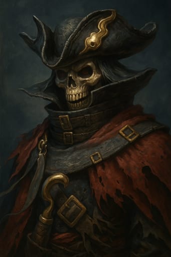 Undead pirate in tricorn hat with hook hand and tattered red cloak, portrait.