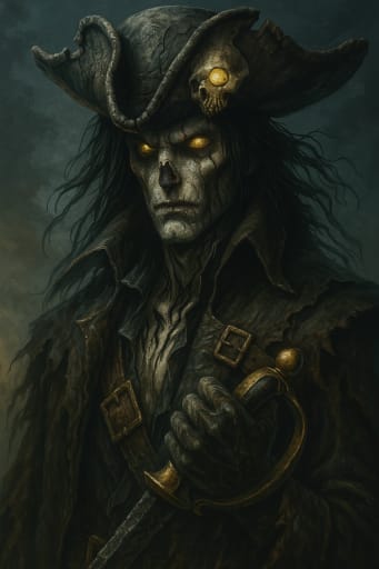 Undead pirate captain in tricorn hat, glowing eyes, gripping cutlass, portrait.