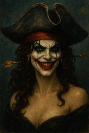 Female pirate with jester makeup smiling under feathered hat, portrait.
