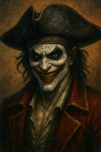 Jester-style pirate with white face paint, dark eyes, red coat and tricorn hat, portrait.