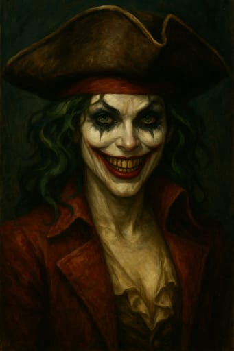 Female jester-style pirate with green hair, red coat, tricorn hat, portrait.