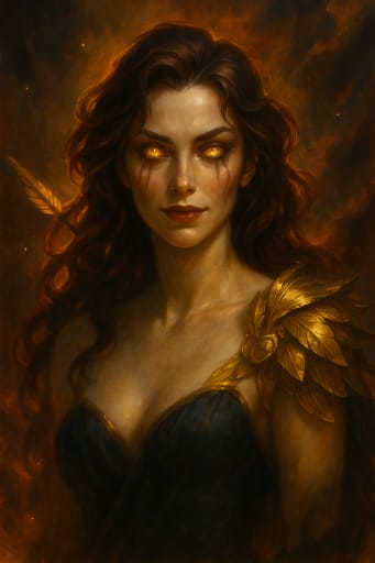 Mystical woman with glowing golden eyes, gold feathered pauldron, fiery backdrop, portrait.
