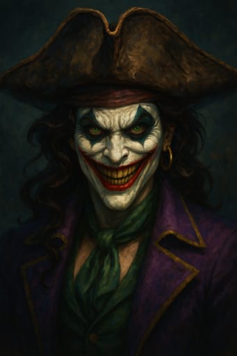 Jester-style pirate with white face paint, green eyes, purple coat and tricorn hat, portrait.