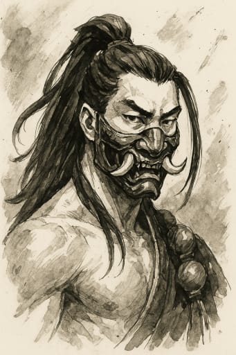Ink sketch of warrior with oni mask, tusks, topknot and prayer beads, portrait.