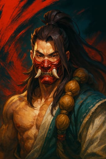 Warrior with red oni mask, tusks, topknot and large prayer beads, portrait.
