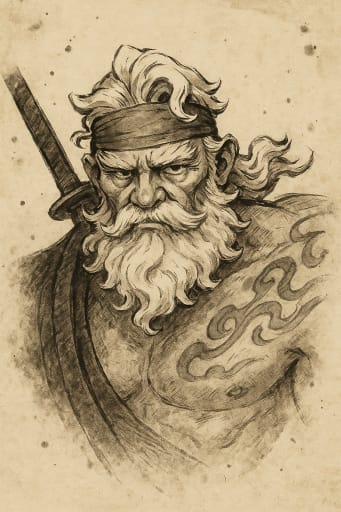 Ink sketch of white-bearded sailor with headband, sword strap, and chest tattoo, portrait.