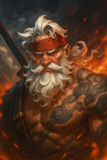 White-bearded sailor with red bandanna, sword and tattoos in flames, portrait.