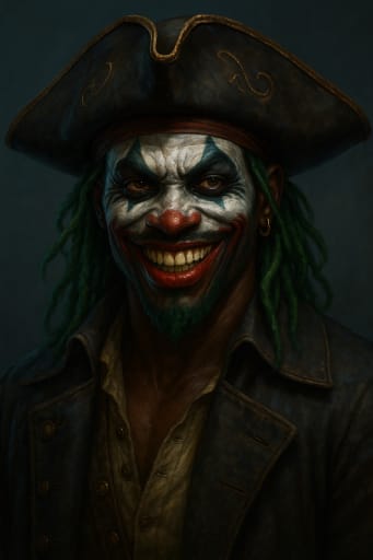 Smiling jester-style pirate with green hair in tricorn hat, portrait.