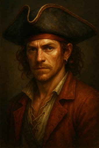Red-coated pirate with tricorn hat, red bandanna, gold hoop earring, portrait.