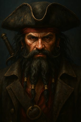 Bearded pirate in tricorn hat with red bandanna, beard beads, sword, portrait.