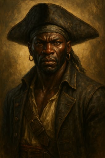 Stern pirate in tricorn hat with gold hoop earrings, leather coat, portrait.