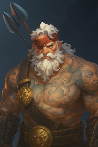 Muscular white-bearded sailor with red bandanna, tattoos and twin spears, portrait.