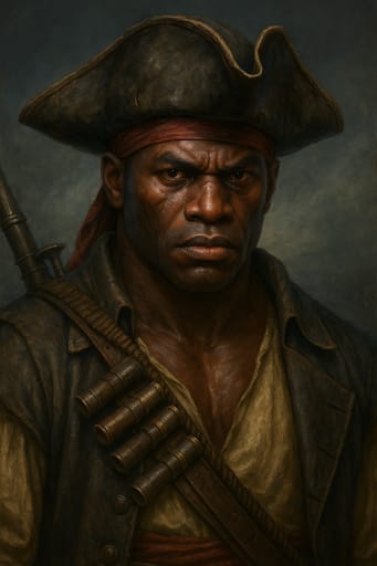 Stern pirate in tricorn hat with red bandanna, cartridge bandolier and musket, portrait.