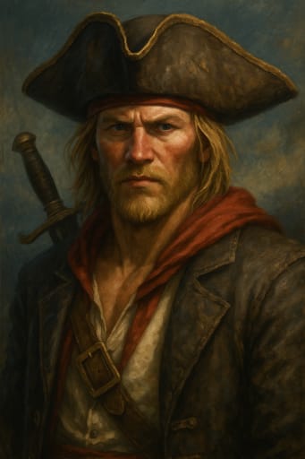 Blond pirate in tricorn hat with red scarf, sword on back, leather coat, portrait.