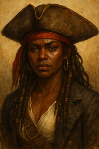 Determined female pirate in tricorn hat, red bandanna, braided hair, gold hoops, portrait.