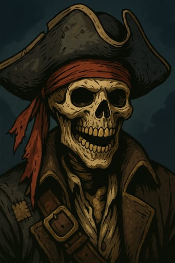Stylized skeleton pirate in tricorn hat with red bandanna and chest strap, portrait.
