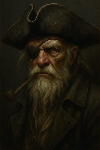 Weathered pirate with eyepatch and long white beard smoking pipe, portrait.
