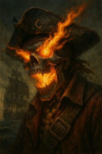 Flaming skeleton pirate in tricorn hat, fire bursting from eyes and mouth, portrait.