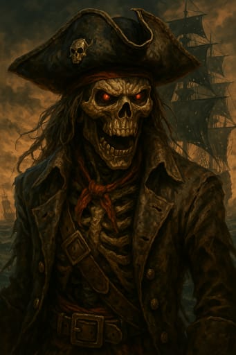 Skeleton pirate with glowing red eyes in tricorn hat, ship behind, portrait.