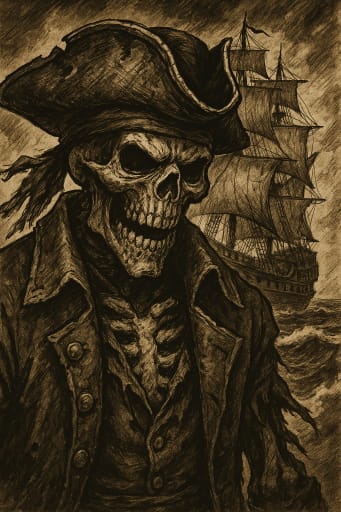 Skeleton pirate in tricorn hat with sailing ship behind, sepia sketch, portrait.