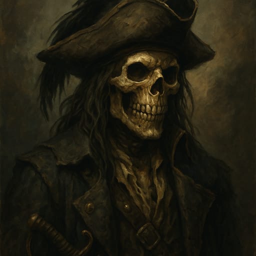 Skeleton pirate in tricorn hat with tattered coat and cutlass hilt, portrait.