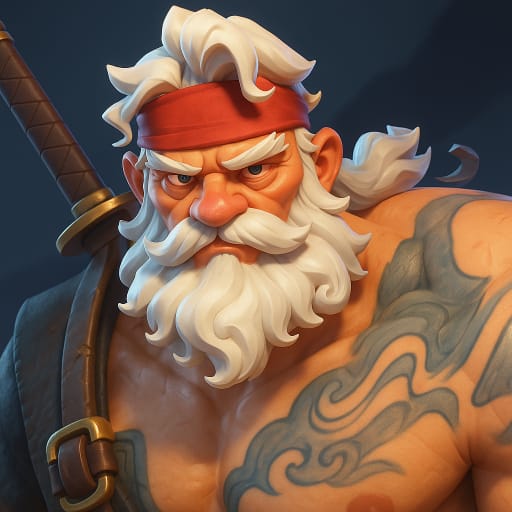 Stylized white-bearded sailor with red bandanna, shoulder tattoo and sword strap, portrait.