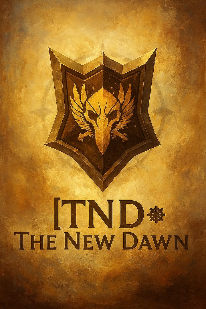 [TND] The New Dawn guild emblem with golden skull and wings shield in fantasy game poster style